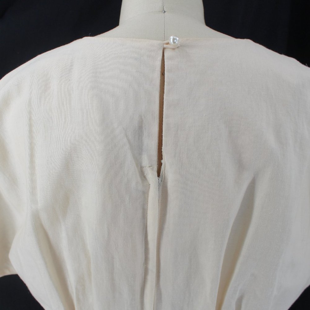 Vintage 80s Dress Ramie Cotton Lace Cutwork Embroidery Peplum Beige Midi 8 - Picture 4 of 15